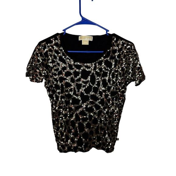 Michael Kors Petite Small Black Shirt with Gold Sequins 100% Rayon - Picture 1 of 8